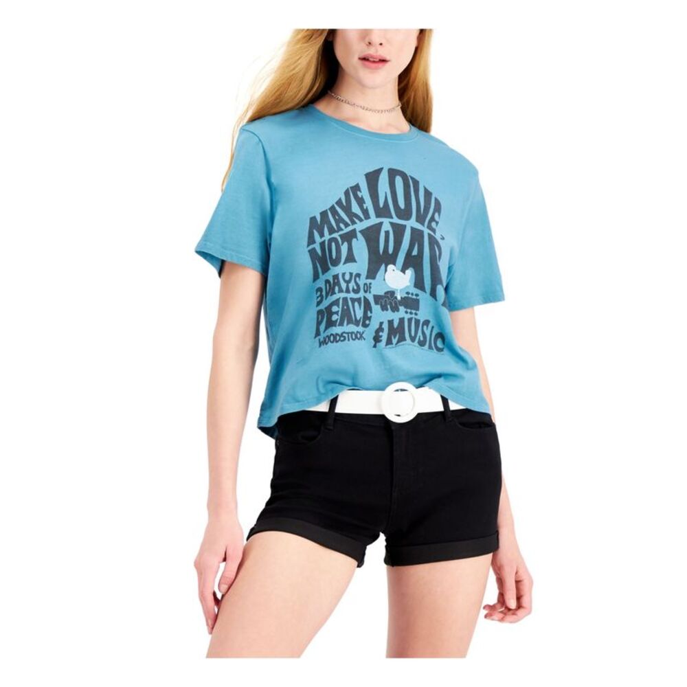 JUNK FOOD Womens T-Shirt Teal Stretch Short Sleeve Crew Neck Logo Juniors S